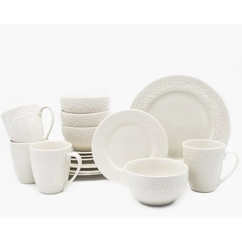 New Arrival 16 Pieces Factory Supply Embossed Noble Western Arabic Luxury Porcelain Dinnerware Sets Ceramic Dinner Set