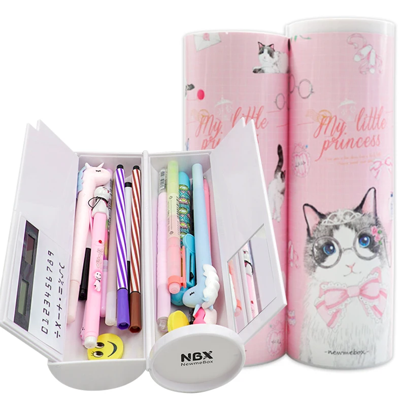 NBX Cartoon Princess Cat Kawaii Animal Pencil Case with Calculator And Mirror for Girls Plastic Pencil Box
