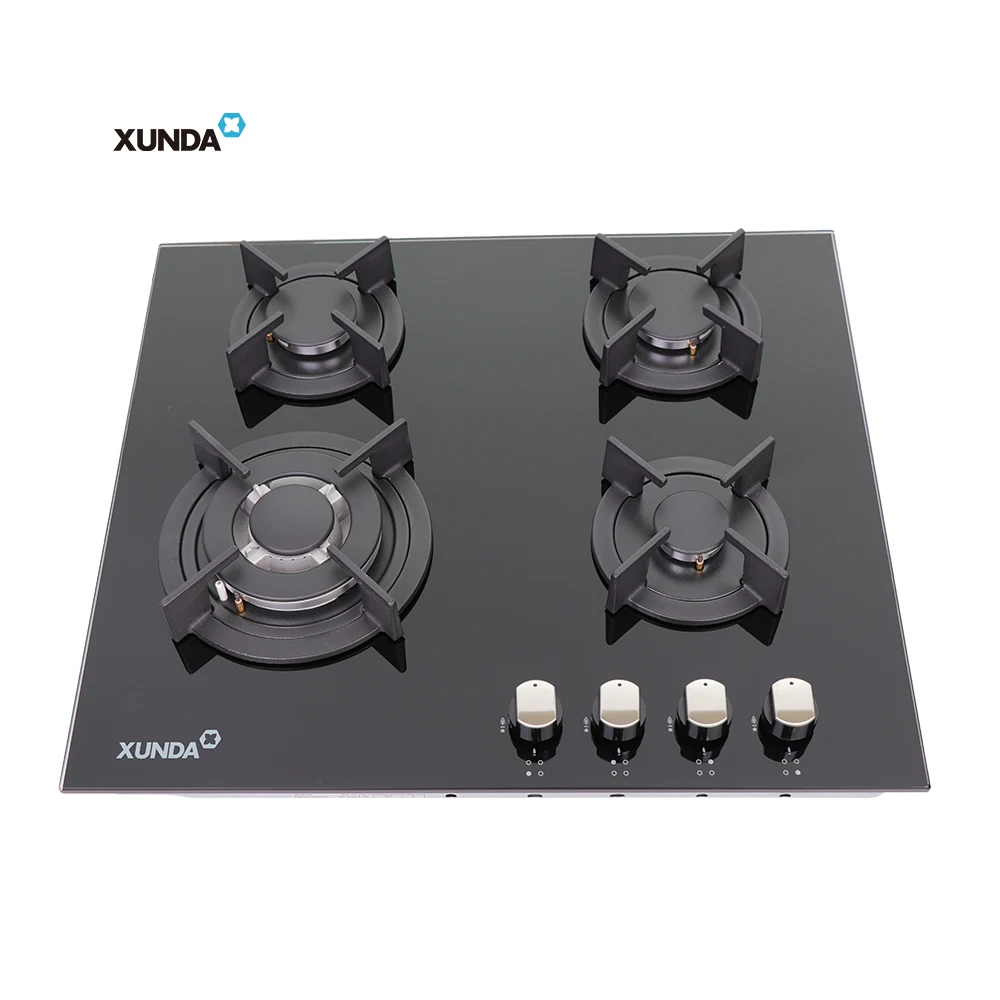 Xunda Commercial Glass Top Gass Stove Equipment Built-In Four Burners Gas Hob 4 Burner Stove Gas Cooker