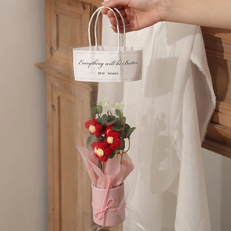 Christmas Valentines Day Gift Handmade DIY Knitted Woolen Flower Bouquet Crochet Mini Flower Bouquet Gift for Mom Women Girls