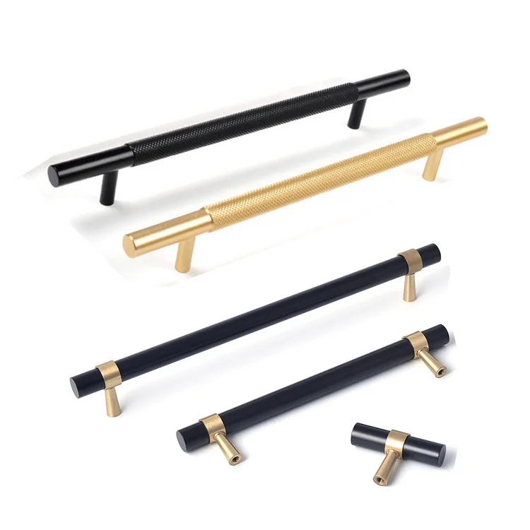  HJY Luxury Black Gold Knurled Kitchen Door Pull Satin Brass T Bar Cabinet