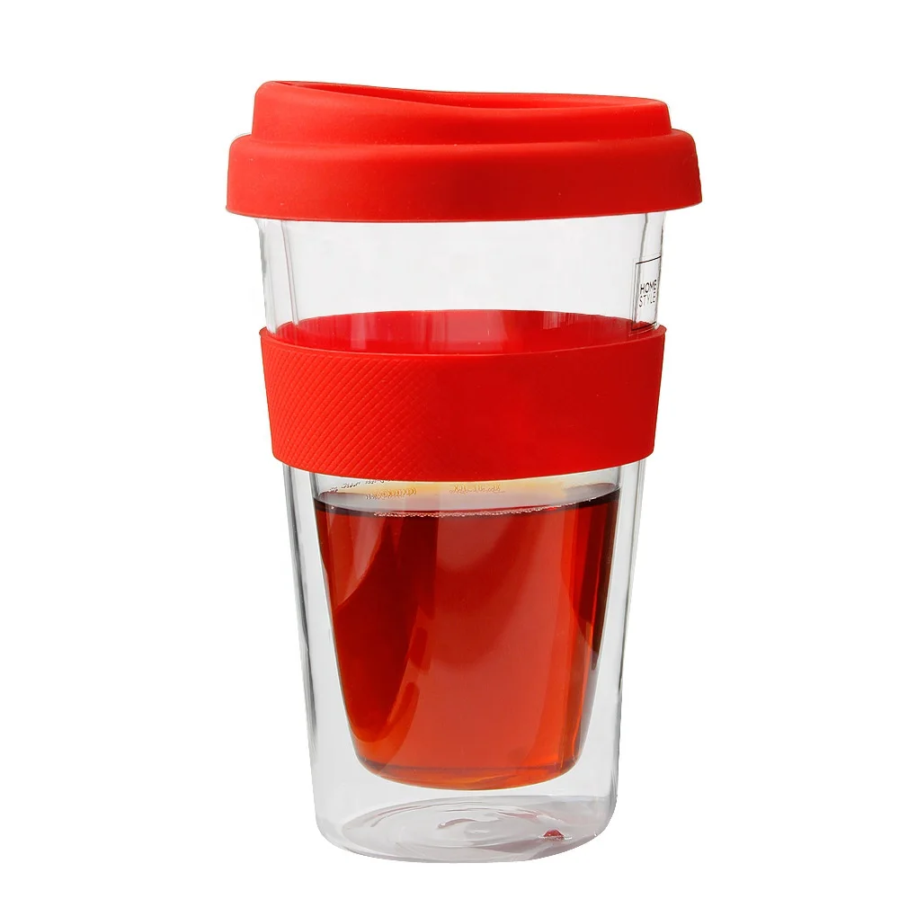 Double Wall Glass Coffee Cup Tumbler with Silicone Lid Insulated Travel Coffee Mug for Coffee Tea Hot & Cold drinks
