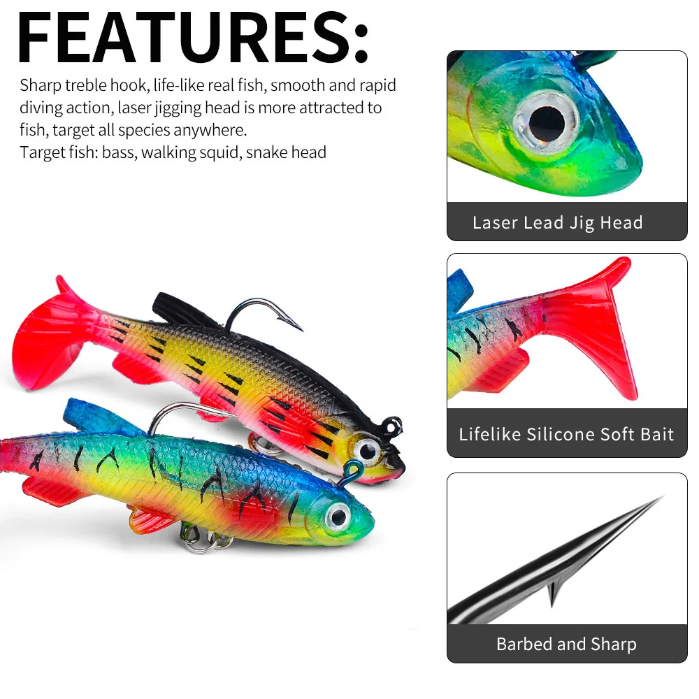 Jetshark 7.5cm 13.5g Soft Tail Jig Lure 5 colors Lead Jig Head 3D lighting Eyes Soft Fishing lure