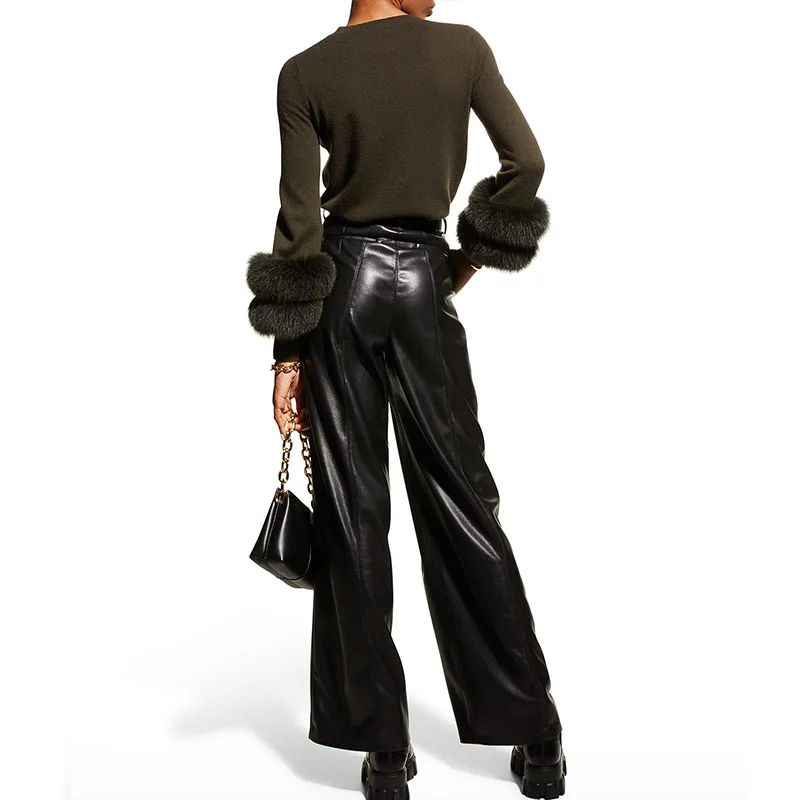 Fur-cuff cashmere crewneck sweater relaxed silhouette pullover style
