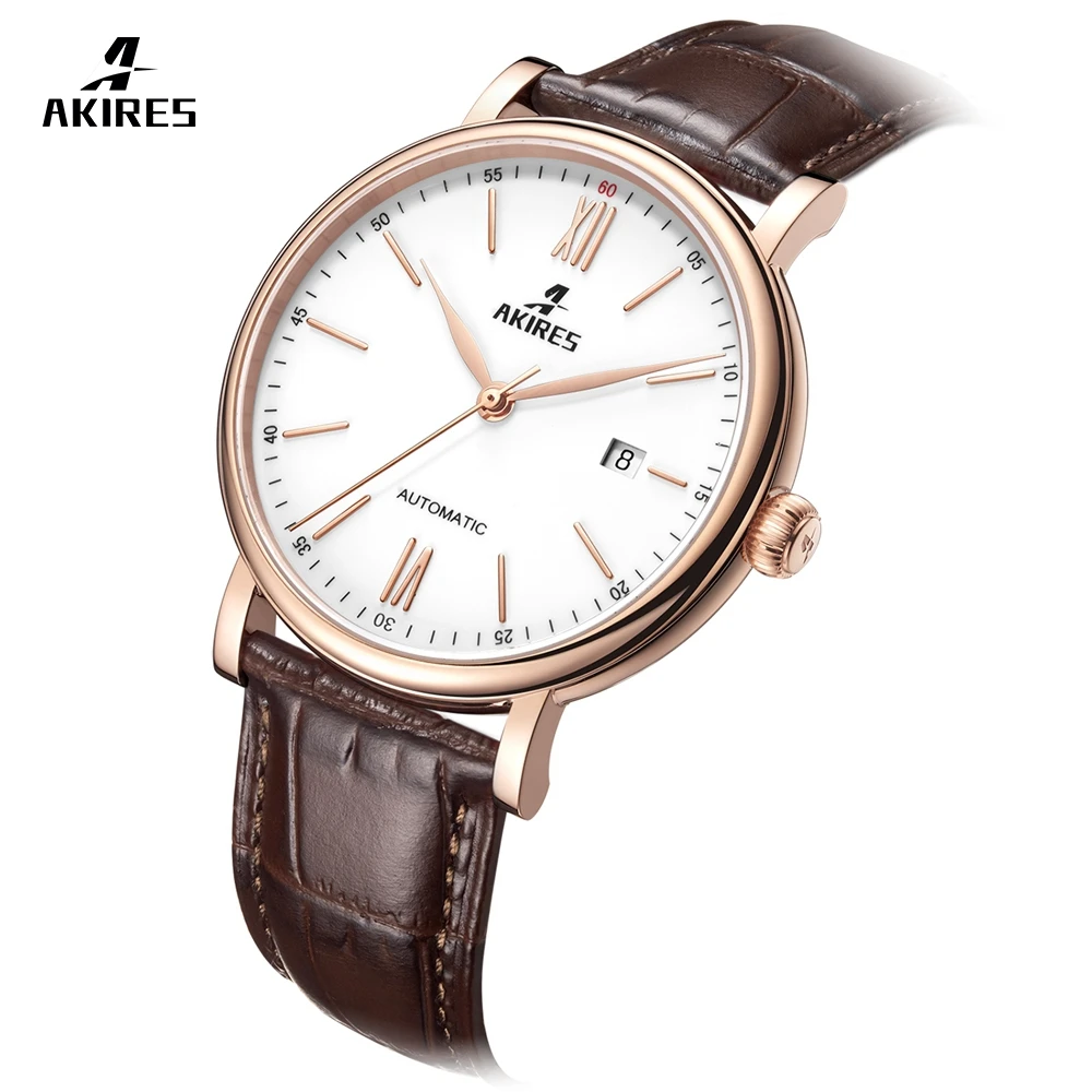 Akires Vintage Stainless Steel Mechanical Automatic Watch Sapphire crystal Glass Watch Luxury Genuine Leather Retro Watch