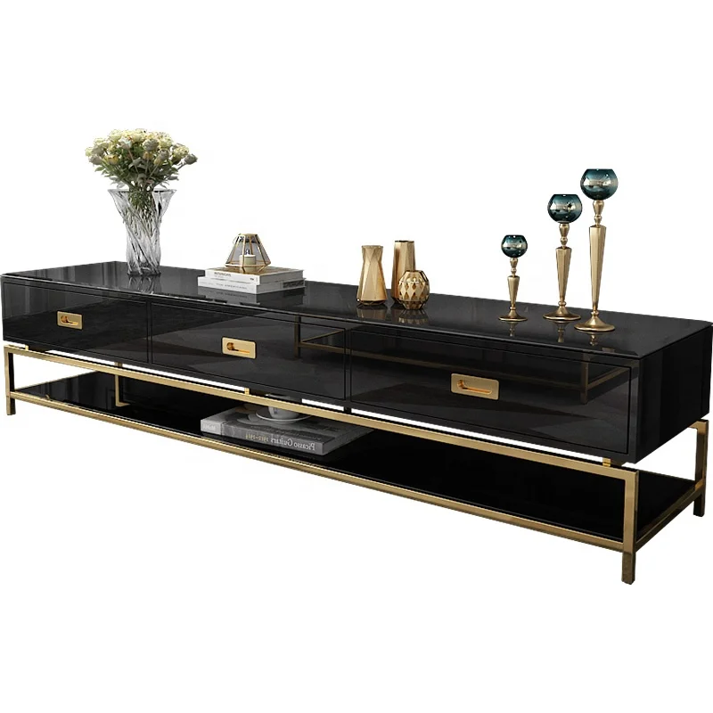 Modern High Quality Glass Stainless Steel Frame Simple Design Luxury Tv Cabinet And Coffee Table Black White Set