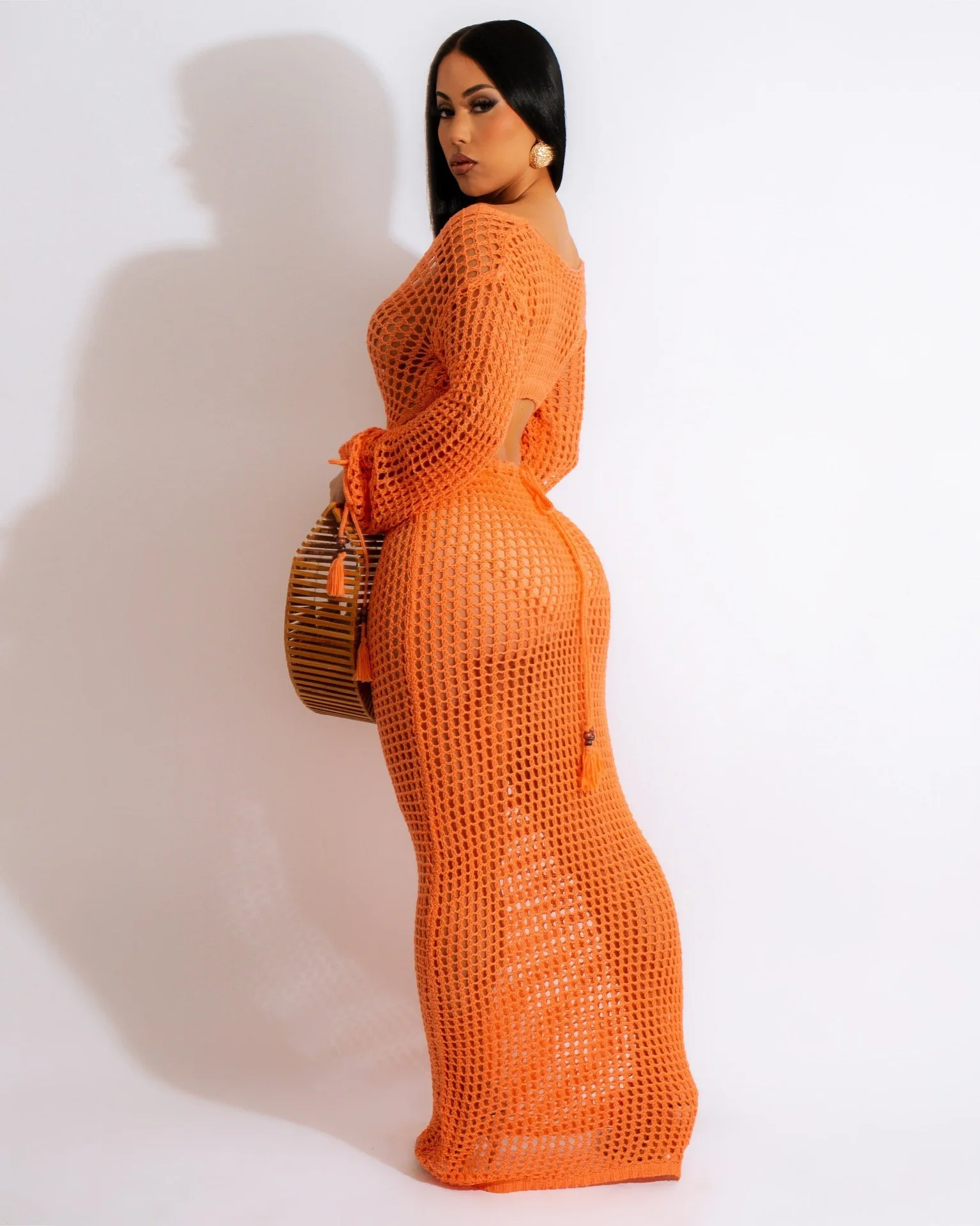 2023 New Long Sleeve Hollow Out Netting Party Dresses Women Solid Color Deep V Knitted Sexy Hot Women Dress