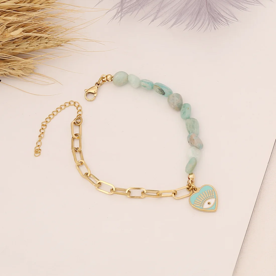 Ins Hot 14k Gold Plated heart Pendant Necklaces Stainless Steel irregular amazonite healing stone Necklace bracelet Jewelry set