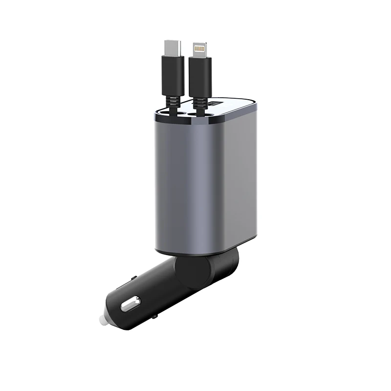 Быстрое выдвижное автомобильное зарядное устройство USB C Быстрая зарядка 60 Вт 2 Выдвижных кабеля и