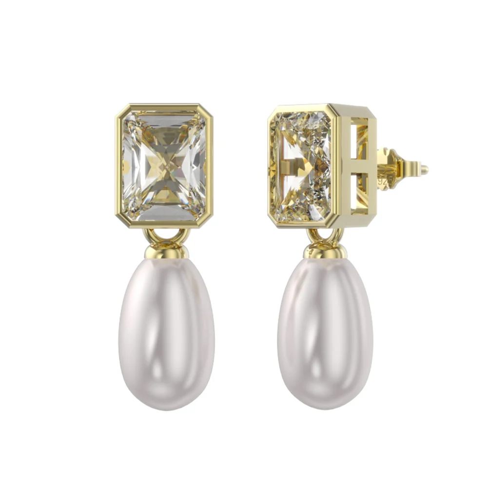 RINNTIN GPE64 14K Gold Plated 925 Sterling Silver Pearl Jewelry Freshwater Pearl And Single Sparkle Baguette Cz Drop Earrings