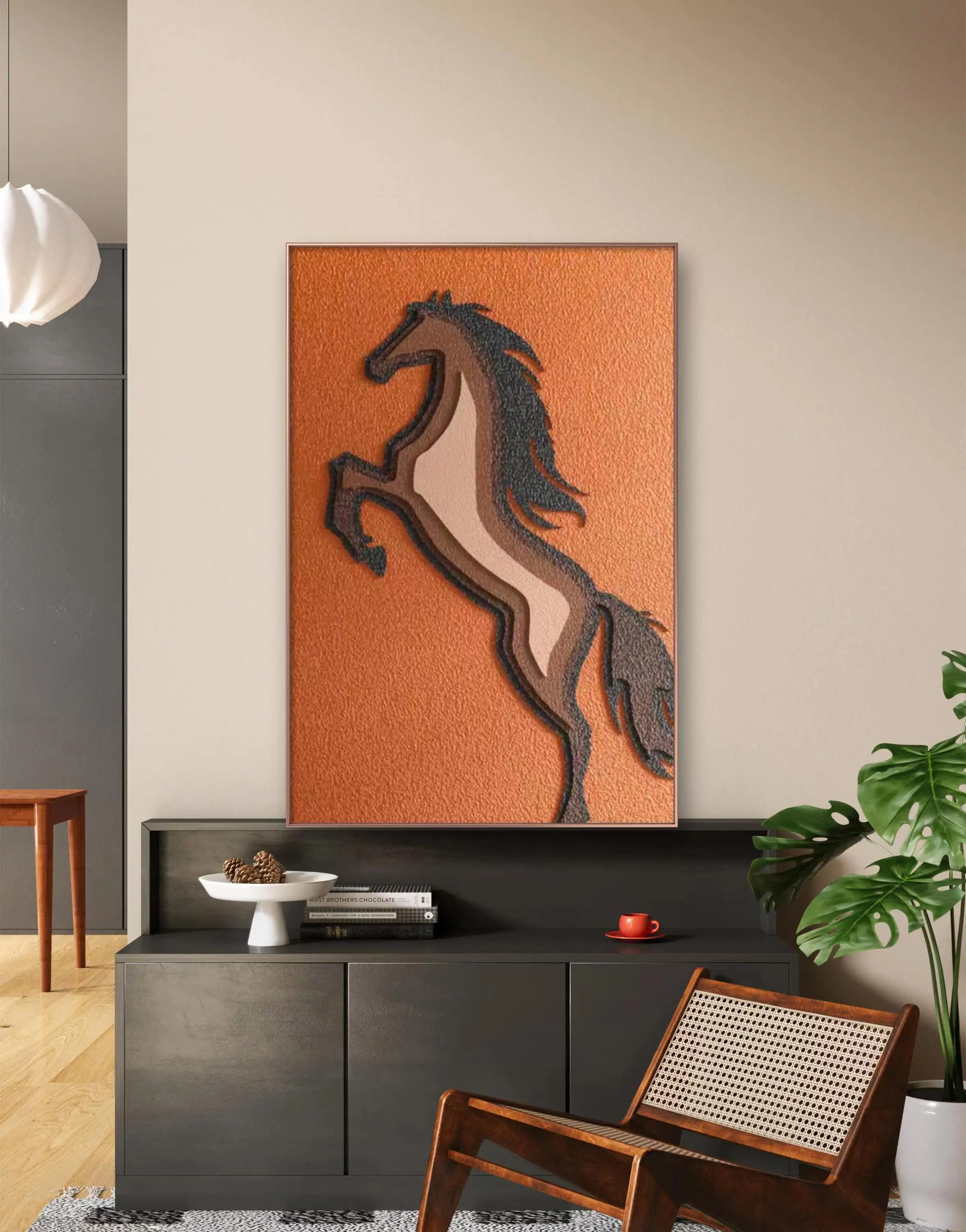 Customized living room foyer corridor background wall decoration painting 3D sandstone wood carvinging horse