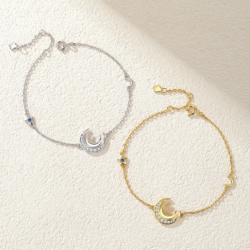 Trendy Jewelry Delicate Moon and Star Bracelet 925 Silver Gold Plated Zircon Charm double Moon Bracelets woman