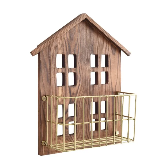 Hotsale solid pine wood wall shelves wooden home decor shelf wood house shape shelves with basket