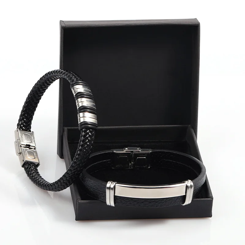 Leather Stainless Steel Press Button Bracelet For Men Retro Black Woven Bracelet