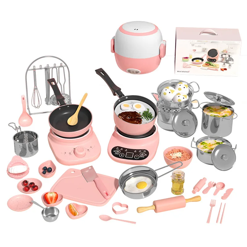 Educational Pink Girls Modern MiniIndoor Home Play DIY Real Cooking Kids Toy Kitchen Cookware Kids Play Kitchen