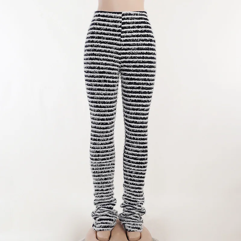 Z128407 Fashion 2023 trendy streetwear stacked pants Striped Sexy Slim Trousers black brown fuzzy stacked pants for women