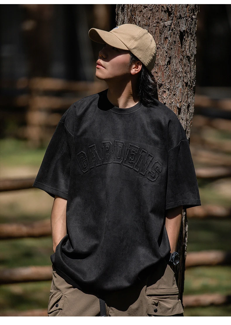 Heavy Suede short sleeve T-shirt men fashion retro three-dimensional alphabet press colloidal T-shirt