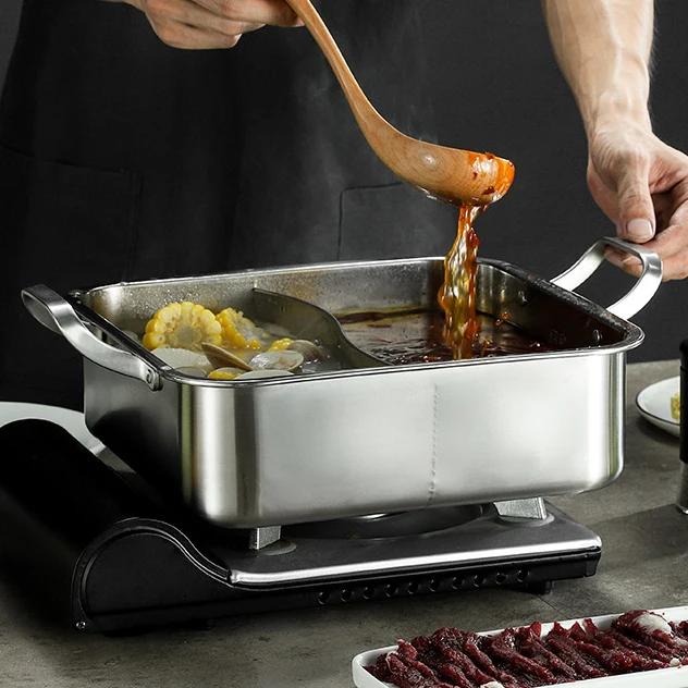 Double flavor hot pot stainless steel 304 shabu square Chinese mandarin duck pot