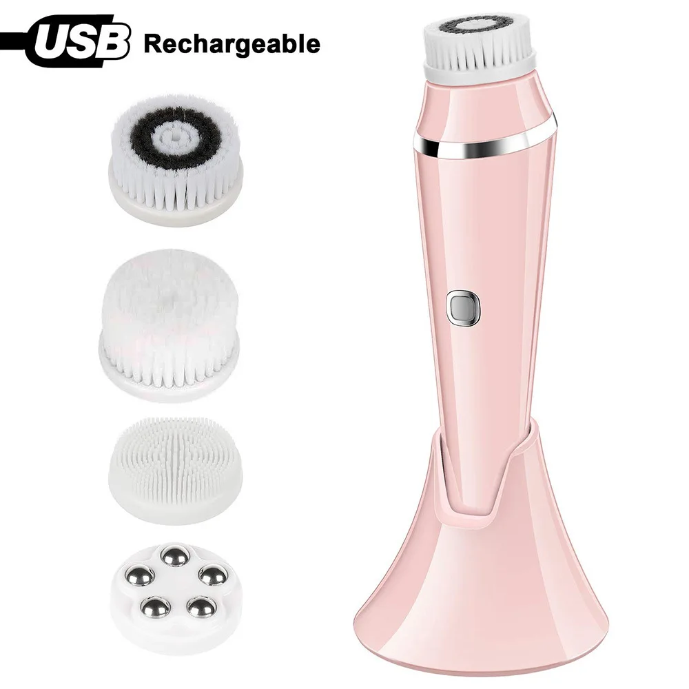 Hot Selling Wireless Charging Electric 4 in 1 Replace Heads Brushes Waterproof Silicone Sonic Facial Cleansing Brush