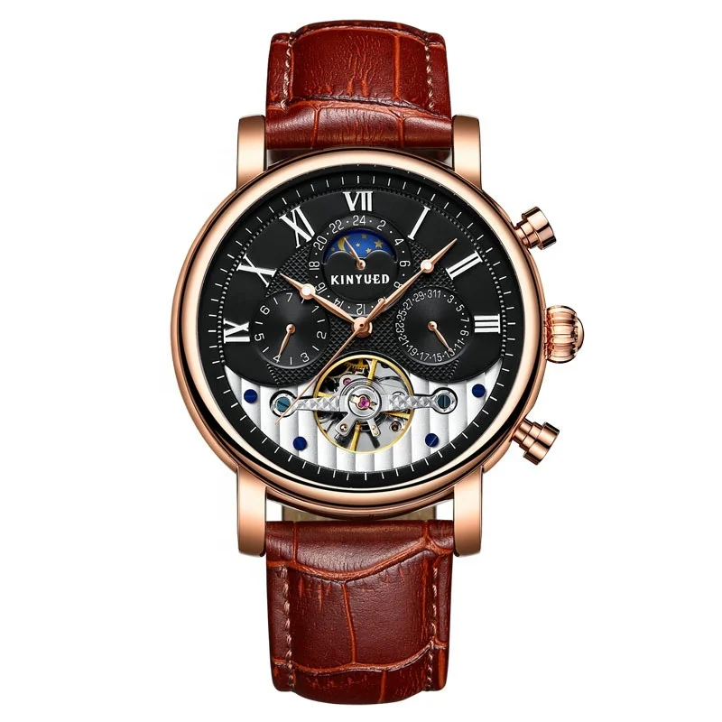 Five Colors Leather Strap Moon Phase Week Date Oil Pressure Face Flying Tourbillon Mens Watches Automatic Luxury