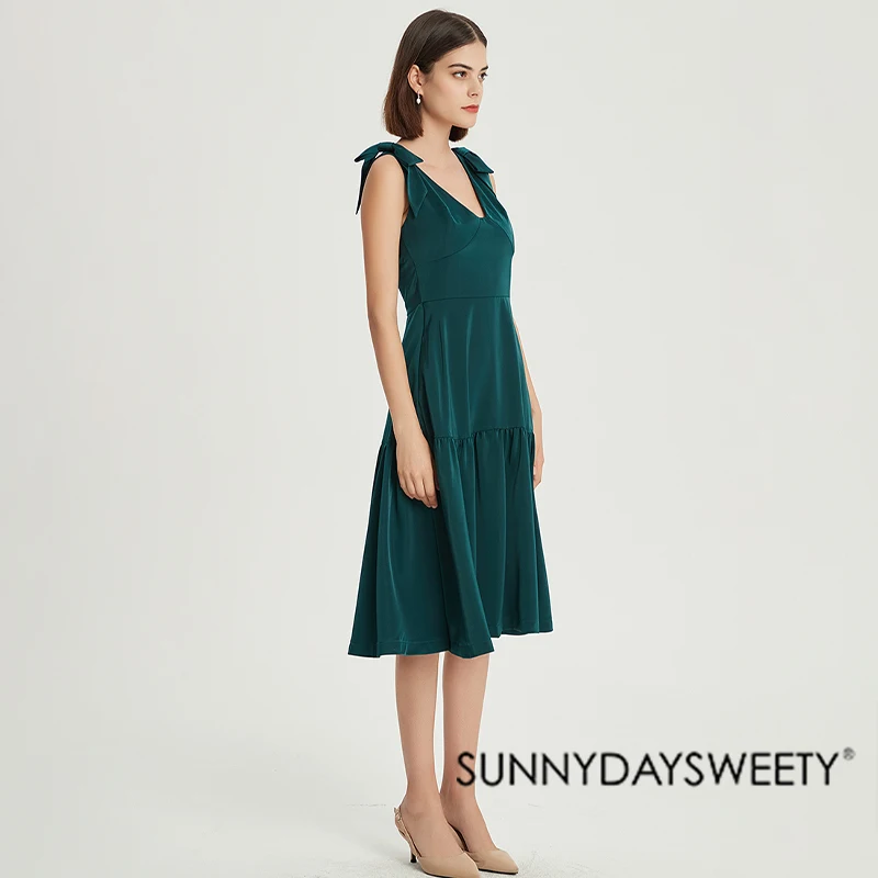 2022 S/S Bow Straps Sleeveless High Waist Hidden Back Zipper One Piece Girls Party Green Satin Princess Dress