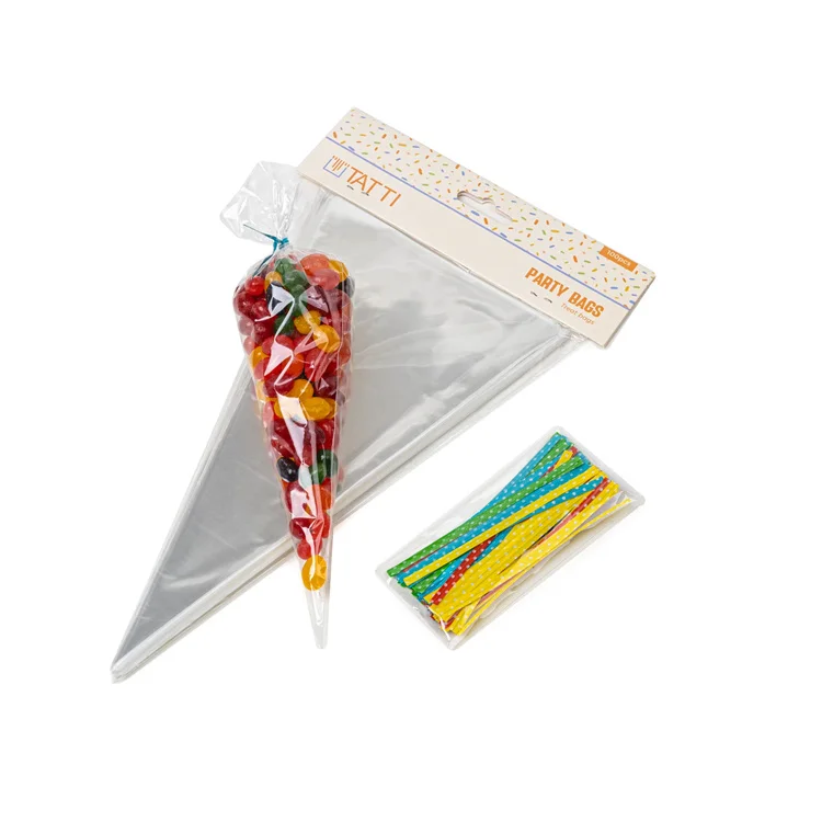 Wholesale Clear Plastic Triangle Cone Shaped Cellophane Candy Cello Treat Bags with Twist Ties for Popcorn Party Favor
