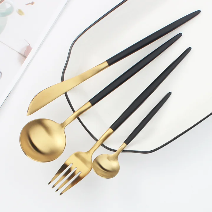 Luxury wedding inox golden flatware set stylish gold stainless steel knife fork and spoon flatware stainless steel cutlery