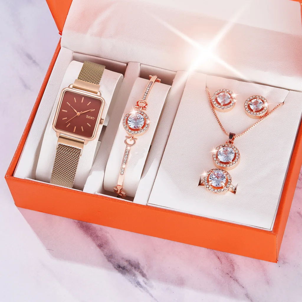 Magnetic Buckle Quartz Watch Diamond jewelry Lady Watch Set 5 Piece Bracelet Necklace Earrings Ring Watch Set For Women Gift Set