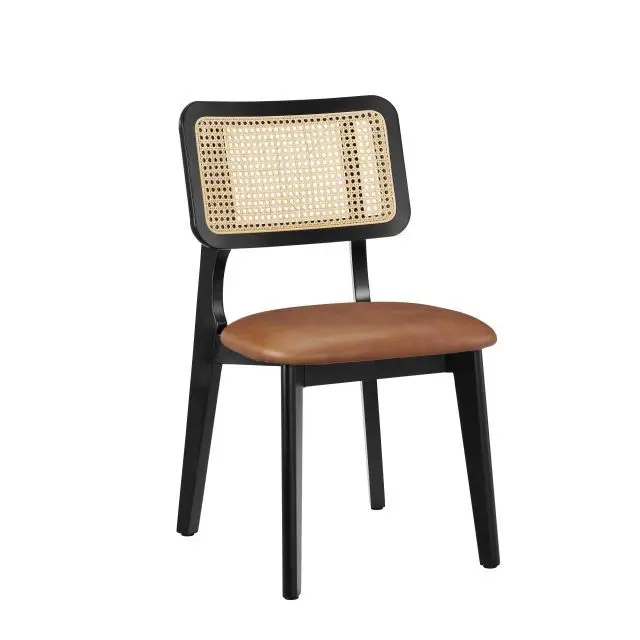 Wood Rattan Armless Rattan Back Black Wood Frame Dining Chairs Set of 2 Genuine Leather Upholstered Kitchen Chairs