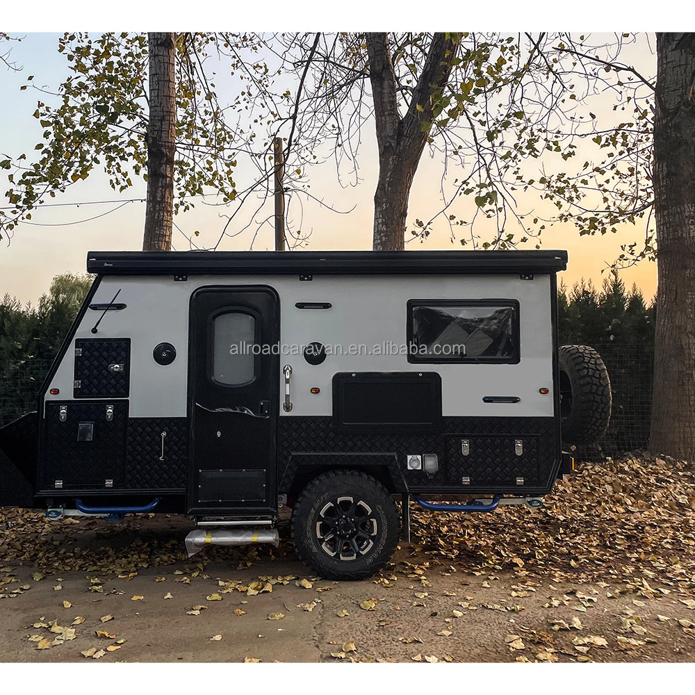 2024 New 12ft Offroad Caravan 4x4 Aluminum Camper Trailer with Slide-out Kitchen and Tent for Camping