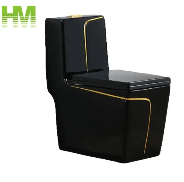 One Piece Ceramic Black Toilet Bowl with Decorative Golden Line