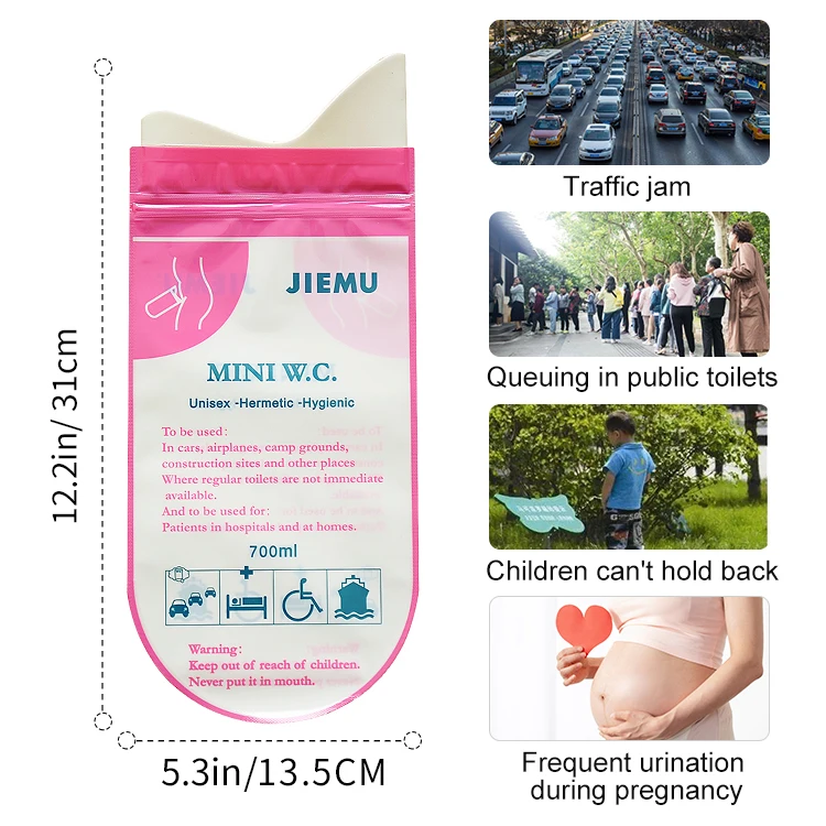 Jiemu Outdoor Camping Mountaineering Male Female Kids Adults Disposable Urinal Toilet Bag Portable Emergency Pee Pink Bag 700ml