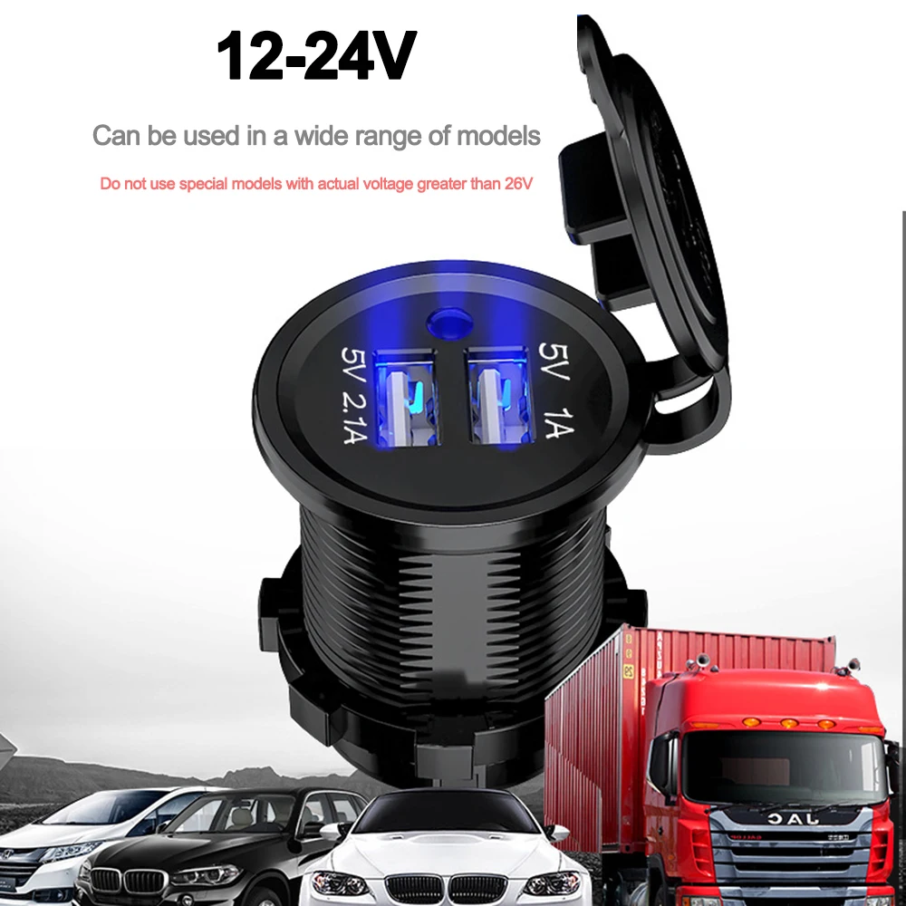 Universal Car Charger USB 2 Ports Power Socket Waterproof Dual USB Charger With Blue LED Cigarette Lighter 5V 1A/2.1A