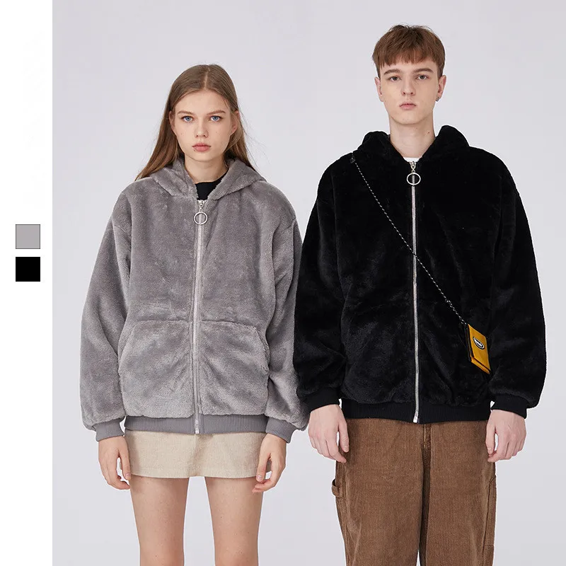 Winter Thick Men Jackets Winter Zip Fastening Faux Fur Jacket With Hood In Color Black