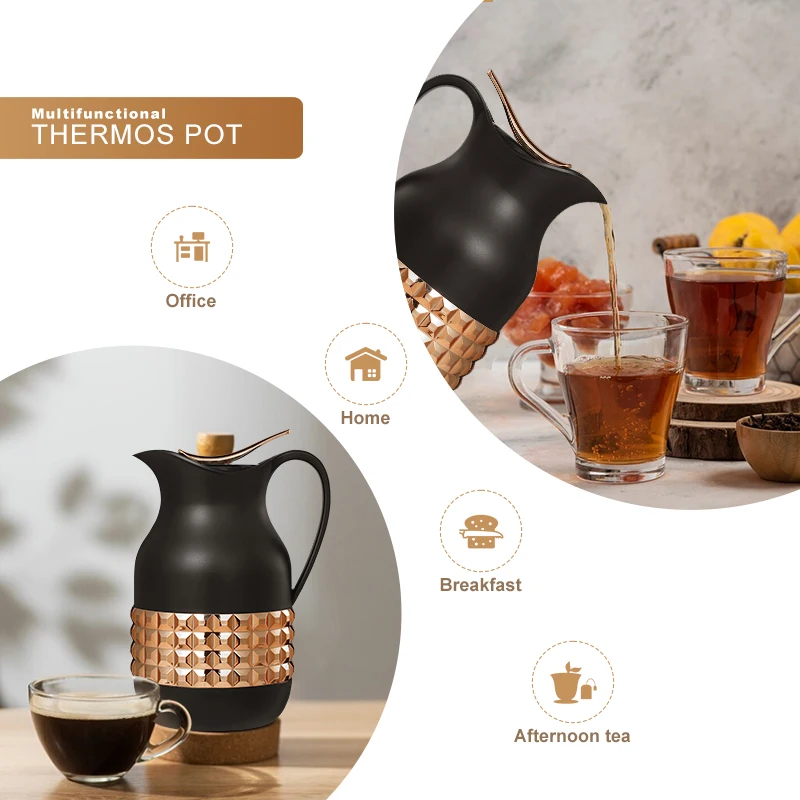 Everich Design 1000ml Insulated Teapot Electroplated Shell Arabic Coffee Dallah Pink Glass Inner Thermos Pot