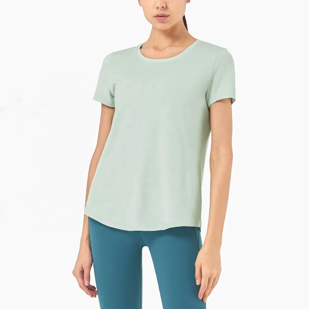 woman yoga gym loose t shirts round collar short sleeve top fitness sports high-elastic T-shirt curved hem