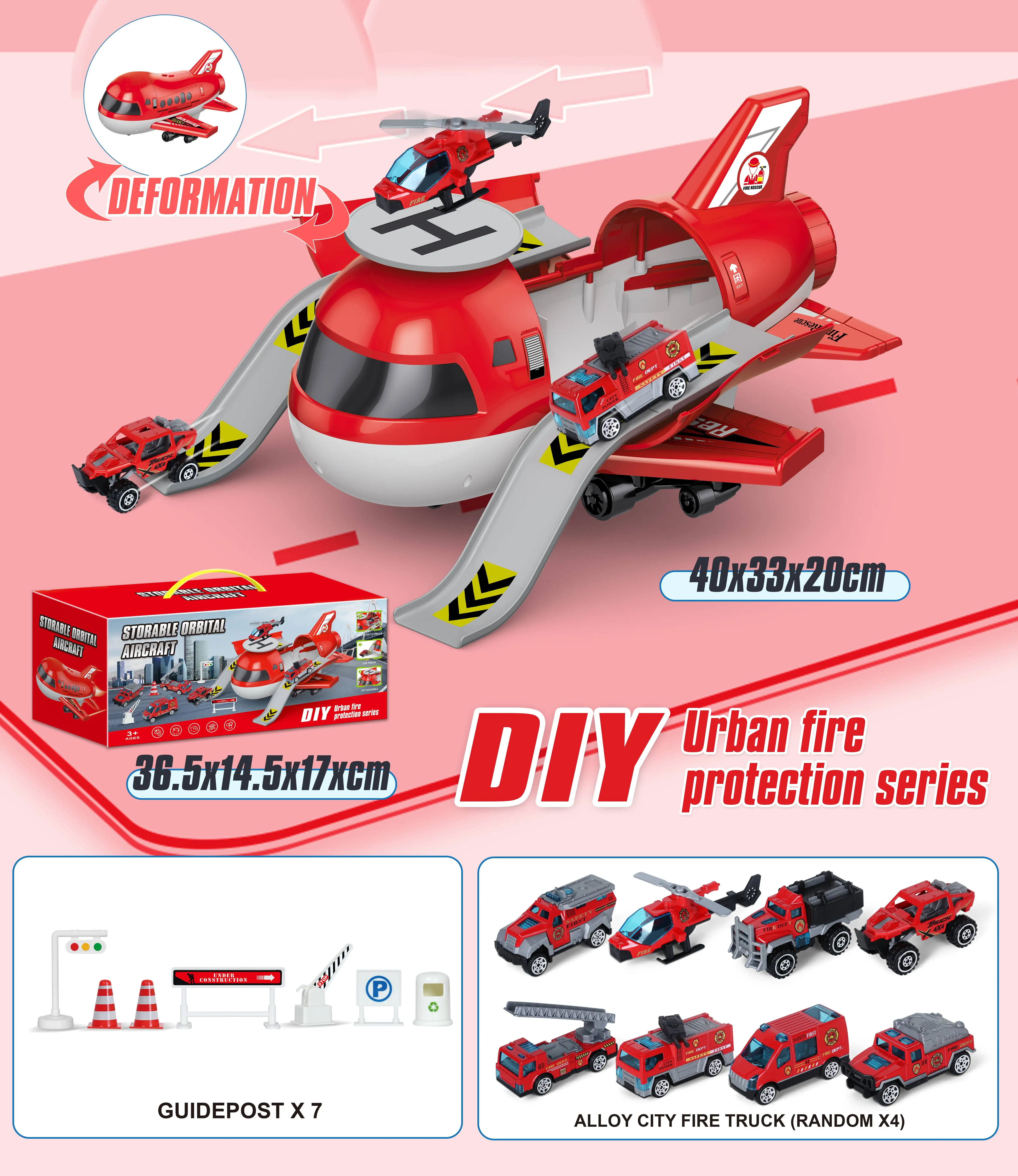 Storage deformed track aircraft with 1 64 police  fire truck engineering car transport car Alloy to Metal Car Toy Set