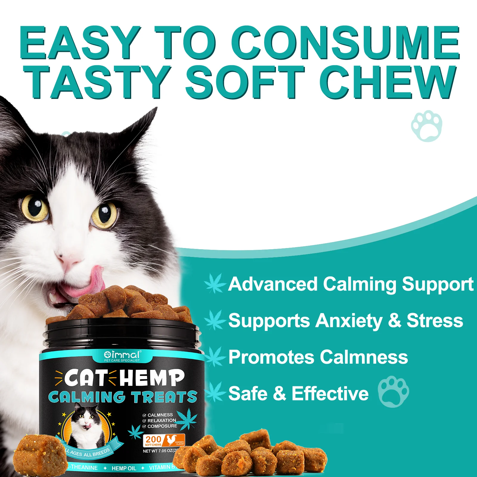 Wholesale Natural Pet Food 200 Soft Chews Chicken Flavor Hemp Calming Treats for Cats Calmness Promotes Relaxation