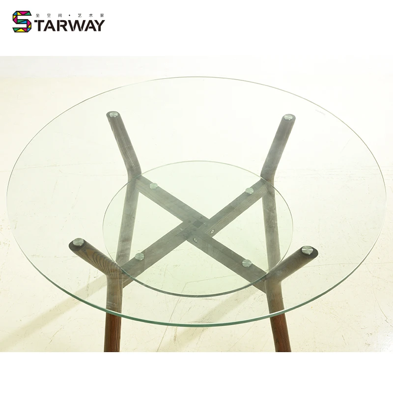 wholesale modern round glass dining table laminated glass dining table with wood legs RT-S142