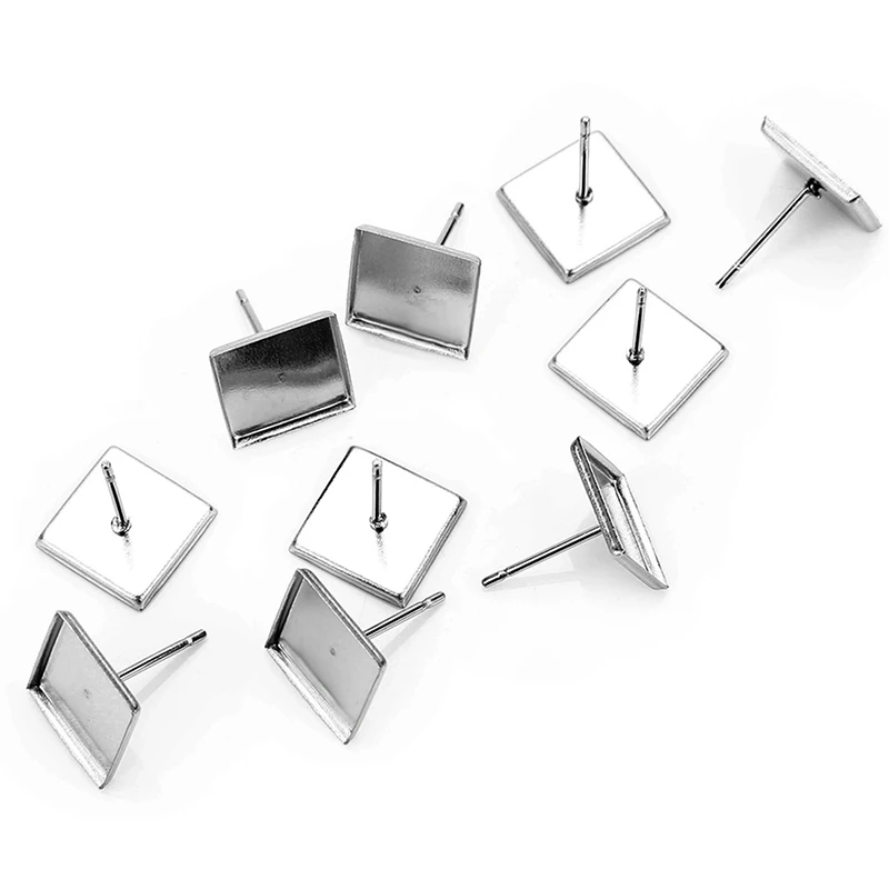 Stainless Steel Square Ear Studs Fashionable Woman Earrings Accessories Blank Base Fit 9.8mm Cabochon Glass DIY Jewelry Making