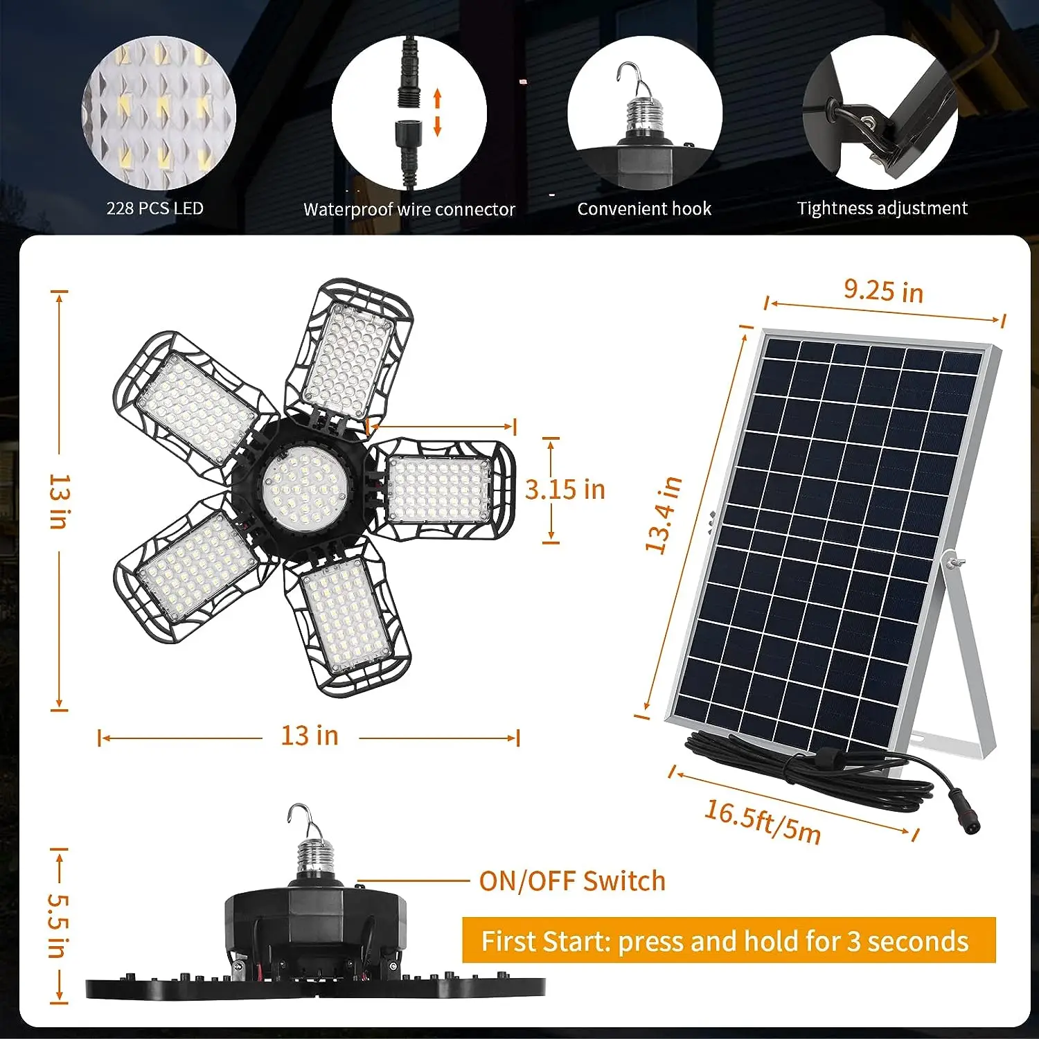 Solar Powered Shed Light Solar Pendant Light with Remote Control Large Solar Panel with 228 LED 5 heads portable solar light