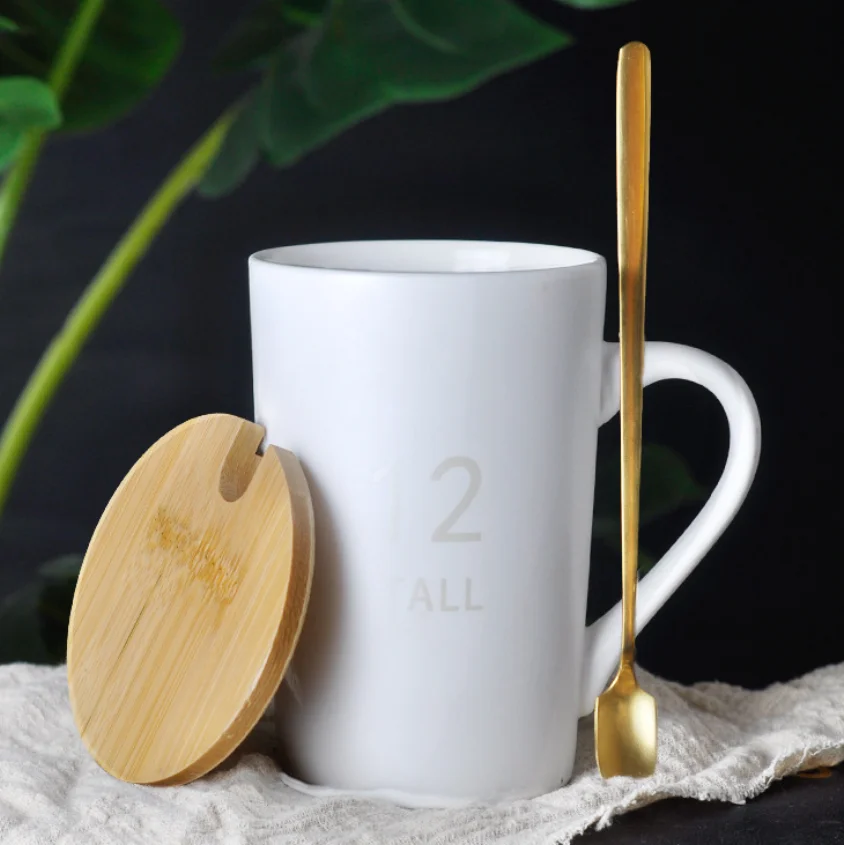 Nordic Styles Ceramic Coffee Cup for Office Tea Mug Ceramic Mug with wooden Lid and Spoon with custom logo