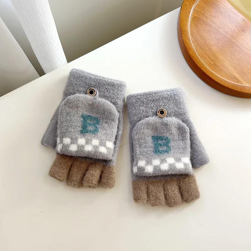 Children  Winter Half Finger Gloves Jacquard Letter Students Five Finger Writing Gloves