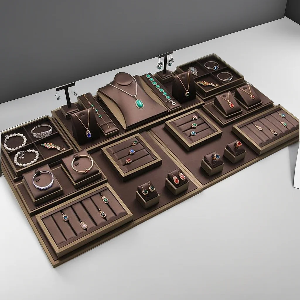Luxury Brushed PU Jewelry Display Case Set Jewelry Tray Jewelry Display Stand