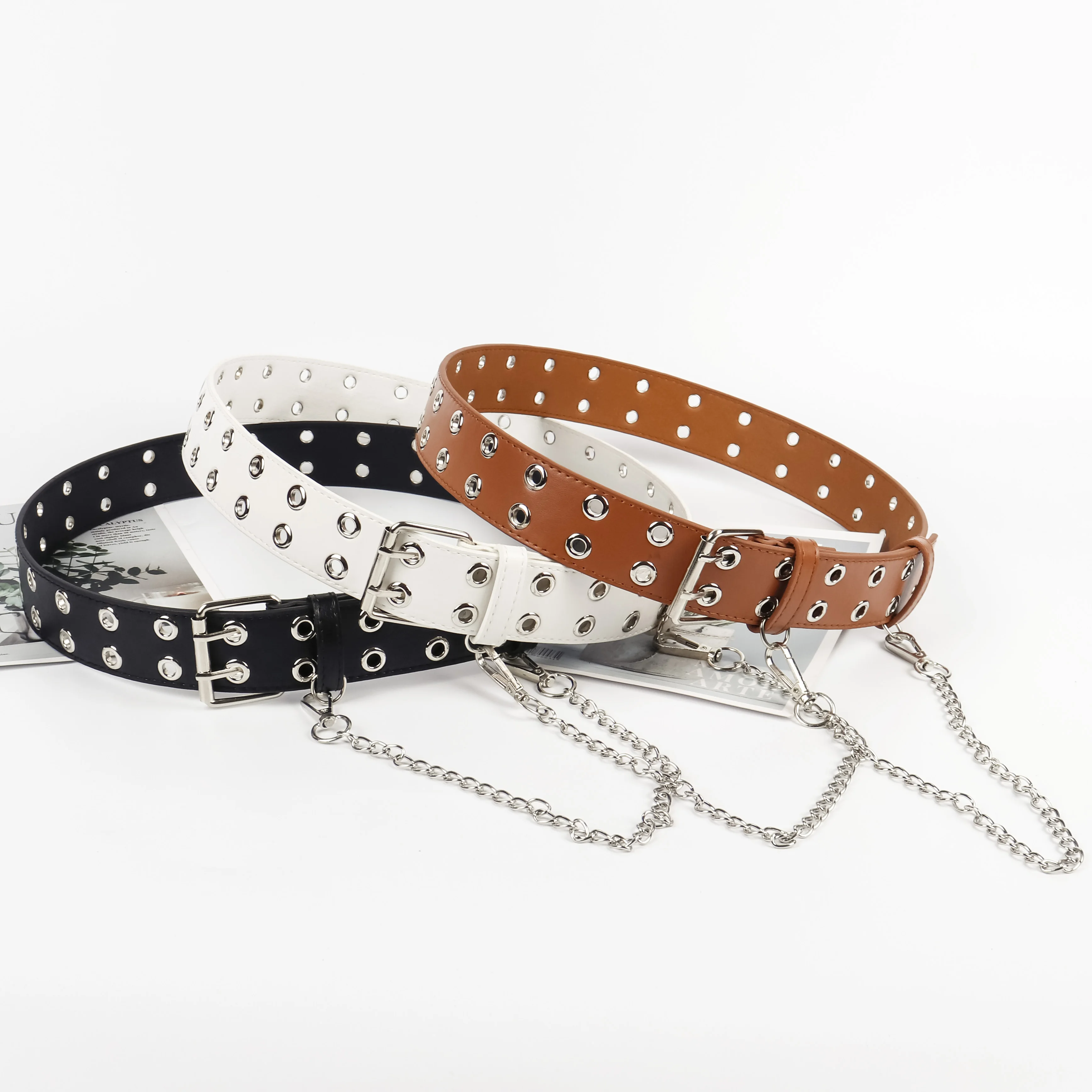 New Fashion Designer Alloy Buckle Belts Double Row Metal Holes Simple Wide Women Fancy Belt