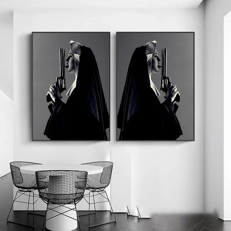 Nordic Home Decor Canvas HD Print Nun with Black and White Figure oil Painting Art Poster Wall Art Mural Hanging