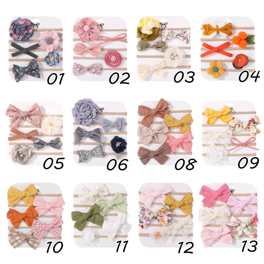 Popularity Newborn Baby Hair Accessories Flowers Bow Headband Set Cute Elastic Soft Nylon Baby Girl Bow Hairbands Headband