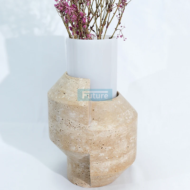 Natural Classic Beige Travertine Home Decor natural  Marble stone Small Round Travertine Flower Vase Travertine Decoration