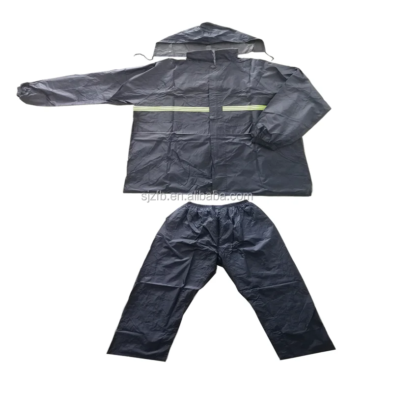 Good quality polyester coated pvc hood rainsuit with reflective tape, waterproof suit