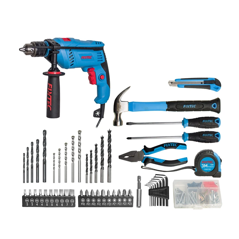 FIXTEC Impact Drill Kit 13mm Keyed 600W Variable Speed Electric Power Tool Set Portable Drill Machine Kit